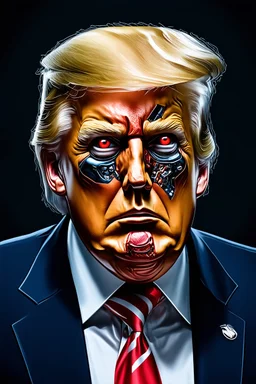 Portrait of Donald trump, realistic cyborg face, metal showing under skin, red eyes