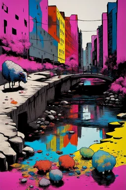 painting of a cyberpunk colourful natural walkway rubbish on the street in the city with pollution and a small bridge by a creek with electric sheep and androids by andy warhol