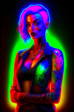 full body colorful tattooed portrait of a female model with colorful hair, Vibrant colors, Neon lighting, Intricate details, Digital painting, Artstation, glowing tattoos, Sharp focus, Illustration, art by audrey benjaminsen and lois van baarle and artgerm and mandy jurgens, Dystopian, cyberpunk, cinematic, 8k