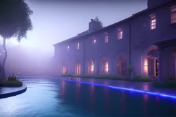  courtyard ,pool , night time , unity, scriptable render pipeline , lighting , volumetric , global illumination, fog ,blue emission , purple tone.