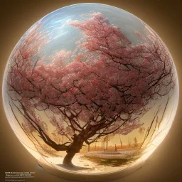 large glass globe filled with cherry blossoms and red bridge, beautiful, peaceful, gorgeous,, ornate, 8k, high-quality, fine-detail, intricate, digital art, brian froud, howard lyon, selina french, anna dittmann, annie stokes, Greg Rutowski