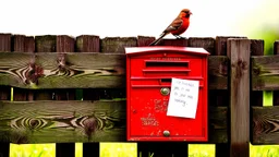 an old wooden fence, a bird on the top, a red old mailbox on the fence, a big note stuck on the mailbox