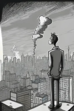 hand-drawn smoking man on a rooftop overlooking a detailed city with streets, building and skyscrapers in the style of stick-figure