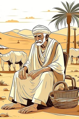 Old man, Arab, turban, white clothes, cattle, desert, council, sun, palm trees, mud houses, holding a stick, looking forward, a very slight smile.cartoon,Sitting on a chair,long beard