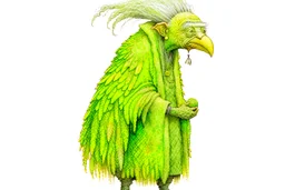 Artist Jean-Baptiste Monge style. A biomorph banana-headed old woman. White eyes. A yellow dotted green furry feathered fluffy dress.