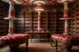 A library covered in pink mushrooms designed in medieval tapestry