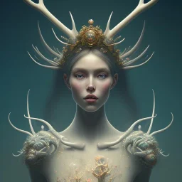 The painting on Behance portrays a female humanoid figure wearing a crown made of antlers. The artwork is inspired by artists such as Yoann Lossel, Sylvain Sarrailh, Igor Morski, Beeple, and James Jean, with an Afrofuturist theme. The high level of detail in the painting is noteworthy, with the woman depicted as having dark skin and wearing a crown of dried flowers, which is reminiscent of the style of artist Tom Bagshaw. The color and detail of the painting are particularly striking, making for