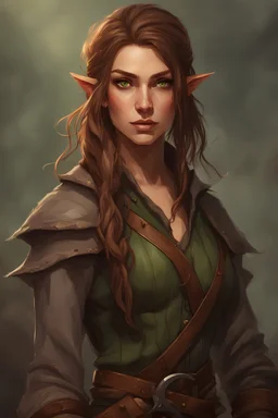 charismatic bard. elf woman. beautiful. sharp features. smirk. green eyes. messy log brown hair. two swords peaking from the back. rogue criminal grey and brown clothing.