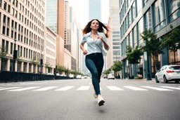 a beautiful lady in pants and shirt and soprt shoes running in modern city street beautiful city scape