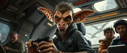 portrait of researcher slender alien rich hill troll drow elf hill billy fluffy captain pilot focus controlling flight stick in deep action, gremlin cyber punk with crew members, in sci fi air ship waiting hall, in future dynasty, painted by Rembrandt