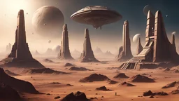 Imagine an archaeological excavation site on an alien planet, where futuristic explorers uncover remnants of an ancient, technologically advanced civilization buried beneath the surface. You can depict towering alien ruins with hieroglyphic-like symbols mixed with futuristic machinery.