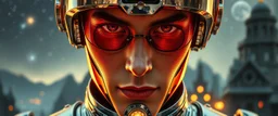 close up portrait of inter-galatic handsome spy, the first nation, robotic witchcraft, cyberpunk village, sci-fi, strange chrome vessels