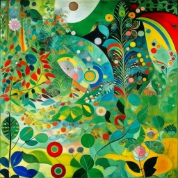 A mint colored jungle with crystals and gems painted by Wassily Kandinsky
