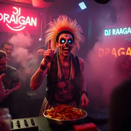 An "Balkan guy" performing at dance club, his name is "FLAPYPUSY" and looks crazy, Balkan food on stage, Neon lights and smog, "DJ DRAAGAN" SIGN ON WALL