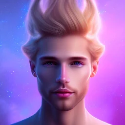 smiling beautiful long hair blond man face with small cristal diadem on the forehead , cosmic armor and cosmic purple and blue sky behind