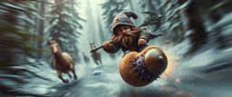 oil painting ,close up motion blur portrait of dwarf thief - Forgotten Realms dodging cyberpunk armored dwarf with war half moon spear hammer with spikes, riding tiny furry brown and purple flying hot dog space craft above water and along winding branches in lush icy forest along speeding horses , bokeh like f/0.8, tilt-shift lens 8k, high detail, smooth render, down-light, unreal engine, prize winning