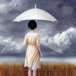 close view from behind of japanese girl with bamboo umbrella looking up a stormy sky with an opening of white clouds and sunlight, wooden walkway, ocean, 8k, high-quality, ultrafine-detail, intricate, digital painting, brian froud, howard lyon, selina french, anna dittmann, annie stokes, Greg Rutowski