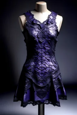 short dress, made of dark purple leather, with lace, inspired by fractals in nature.