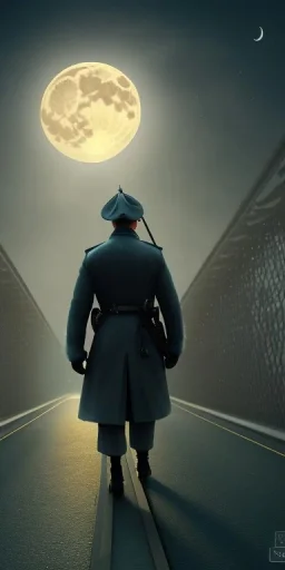 A eastern Soldier walking on the bridge , night , full moon , realistic , high resolution , HD , 1920pX1080p , dark