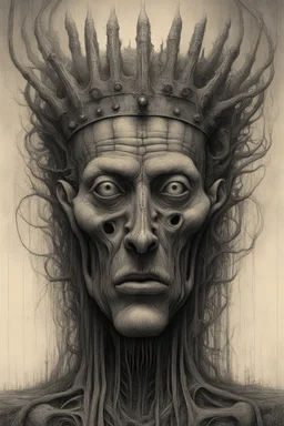 The face of a king with a hairy crown, a thin line draw ، front view camera, decayed and rotting with grotesque proportions and imagery. surreal horror, biomechanical design, by hr giger and beksinski , fine lines draw