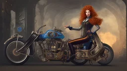 full-height portrait of a woman with straight shoulder-length auburn hair, with metal arms and legs, dressed in leather trousers, and a waistcoat, in a Victorian street next to a steampunk motorbike, blue sky