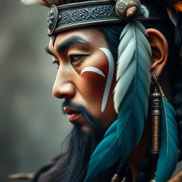 masterpiece, side portrait of a chinese barbarian warrior, war paint, feather hair ornaments, feather earrings, tribal necklaces, closeup portrait highest definition, HD32K, wallpaper, hyperdetailed, mythp0rt