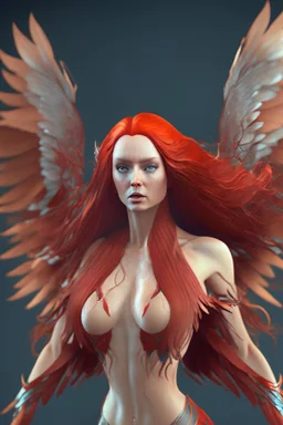 Full body shoot of stunning beauty woman royal phoenix woman with long red hair fluttering in the wind and scaly wings, minimal clothing, extremely muscular, dynamic pose, perfect detailed face, detailed symmetric hazel eyes with circular iris, realistic, stunning realistic photograph, 3d render, octane render, intricately detailed, cinematic, trending on artstation, Isometric, Centered hipereallistic cover photo, awesome full color, hand drawn, dark, gritty, mucha, klimt, erte 12k, high defin