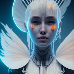 A beautiful portrait of a cute cyberpunk woman, grain on the skin, orange color scheme, high key lighting, volumetric light high details with white stripes and feathers full length clean art NFT, soft lighting, soft pastel gradients, high definition, blender 3d cinematic, op art, visionary art, sacred geometry, fractal, white balanced