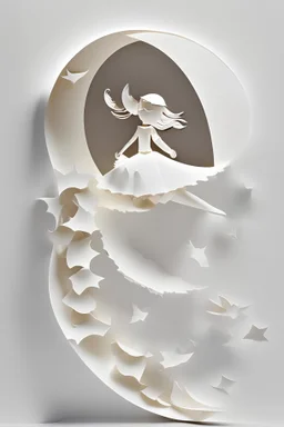 papercraft composition, a cartoon girl made of paper is riding a half moon, white color, white background, paper material, soft shadows, ambient occlusion, high quality photograph