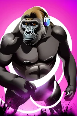 action shot of a Gorilla with headphone mixing music with Dj controller , DMT art, blacklight, tshirt vector, enclosed in a circle, sunshine, contour, white background