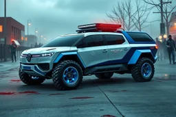 a super futuristic car, for all terrain, pickup fashion, white and blue colors, big wheels, inspired on volks waguen combi, stay on street full of zombies, blood and darkness