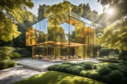 A square architectural masterpiece suspended in the sky, the sunlight casting a golden glow on its modernist facade, large glass walls reflecting the vibrant colors of a nearby garden, creating a harmonious blend of nature and contemporary design, Realistic photography, shot with a Nikon D850 and a 50mm lens