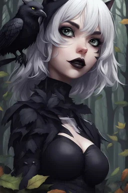 CAT GIRL, goth, forest, nature, cartoon, leaves, half black half white hair, boobs, ravens