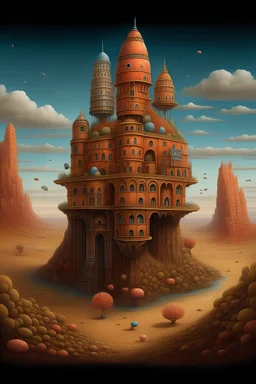 Neo surrealism, whimsical art, painting, fantasy, magical realism, bizarre art, pop surrealism, inspired by Remedios Var, Jacek Yerka and Gabriel Pacheco. Create an illustration of a Tower of Babel on the Mars