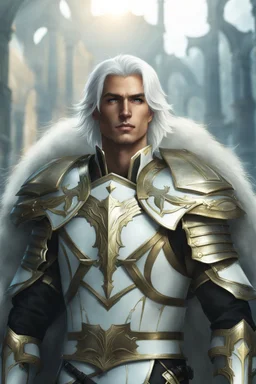 Male Tan Human, White Hair, Handsome Face, Black and Gold Armor.