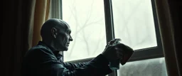 A photorealistic cinematic gothic horror scene of an extremely pale, sickly vampire quietly cleaning a large window in an ordinary old apartment during early morning. The vampire is doing the mundane task with calm, almost routine concentration, holding a worn cloth in one hand and a small spray bottle in the other. His skin is the main visual focus: extremely pale and unhealthy-looking, dry and uneven, with a naturally irregular organic texture, tiny pores, fine wrinkles, subtle flaky patches,