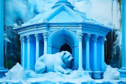 A sky blue icy temple with a polar bear painted by Giovanni Battista Sassi