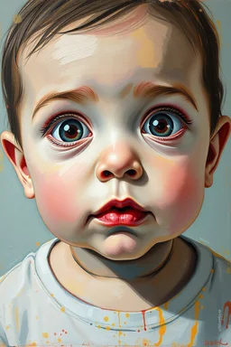 Busch paint style Abstract mean baby look with weird big eyes look to the camera portrait in flat oil colors