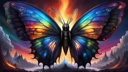 A gritty, full-body shot of an insatiably evil black opal iridescent pearlescent half butterfly half worm alien hybrid in a surreal landscape with prismatic rainbow wings and fire blazing behind it, with sharp ivory teeth, macabre, Dariusz Zawadzki art style, liminal spaces, horror art, dark gaming background, wet, glossy, horror art, trypophobia, eerie, intricate details, HDR, beautifully shot, hyperrealistic, sharp focus, back lit, 64 megapixels, perfect composition, high contrast, cinematic,