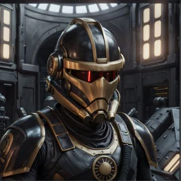 star wars bald male corellian pilot wearing pearlescent black and gunmetal grey First Order special forces heavy assault stealth commando armor and helmet with gold trim inside the jedi temple, hyperdetailed, dynamic lighting, hyperdetailed background, 8k resolution, volumetric lighting, light skin, fully symmetric details