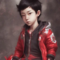 only Distant Japanese child boy, black hair, sitting on floor with back to back, red akira jacket, extremely detailed, extremely realistic