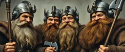 pin hole cam, master oil painting by Rembrandt, family portrait of smiling bad ass warrior clad muscle sturdy buildt deep rock metal towering dwarves in gritty metal helmets and in fine clothes and with ice picks laughing