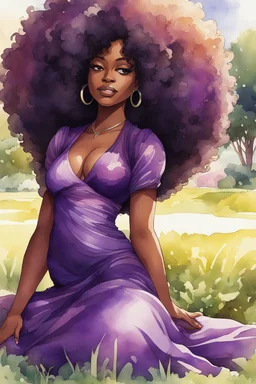 Afrofuturism watercolor image of a black female cartoon of a curvaceous woman with flowing of tight curly afro of black hair that's highly detailed, wearing a purple maxi dress. She sits relaxed on the grass facing the warm sunlight, which illuminates her face as she looks to the side with a small smile, accentuating her prominent makeup, lush lashes and brown eyes. with green and hot pink roses all around