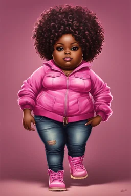 create a oil painting image of a plus size chibi dark skinned Black female wearing a pink jean outfit with timberland boots. Prominent make up with brown eyes. Highly detailed tight long curly afro