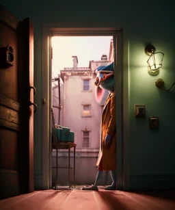 Wes Anderson photographer, night, monster peeking behind the ajar door, Ultra realistic, punk style, wide angle view, soft color, highly detailed, unreal engine 5, ray tracing, RTX, lumen lighting, ultra detail, volumetric lighting, 3d, finely drawn, high definition.