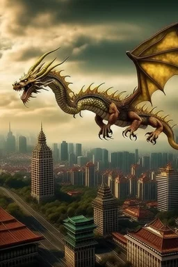 big chinnese dragon flying over city