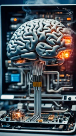 A smoking brain in side a computer component chips and mini lcd lamps