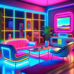 A blend of mid-century modern designs with futuristic elements. Vintage furniture pieces paired with high-tech devices. Pastel colors mixed with metallic and holographic accents. Neon-lit art pieces inspired by the 80s.