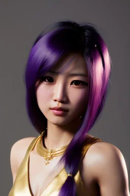 Young asian woman, barbarian character, purple hair, gold eyes, long hair gold jewelry, leather, vibrant color, highly detailed, art stations, concept art, smooth, unreal engine 5, god rays, ray tracing, RTX, lumen lighting, ultra detail, volumetric lighting, 3d, finely drawn, high definition, high resolution.