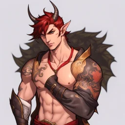 A Young Adult Male. A unique blend of Wood Elf and Red Tiefling features. His handsome face contrasts with the Yakuza dragon tattoos that completly cover his back, arms, and legs. He is wearing a torn coat. A physique that is strong and well-built, resembling a Fighter.